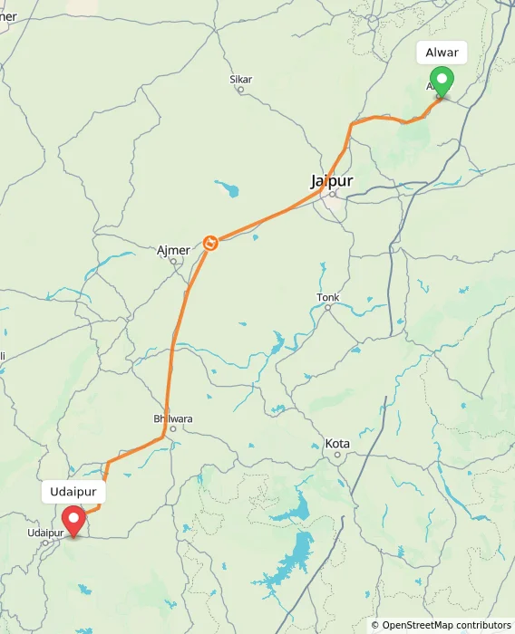 Route map showing distance and travel time from Alwar, India to Udaipur, India