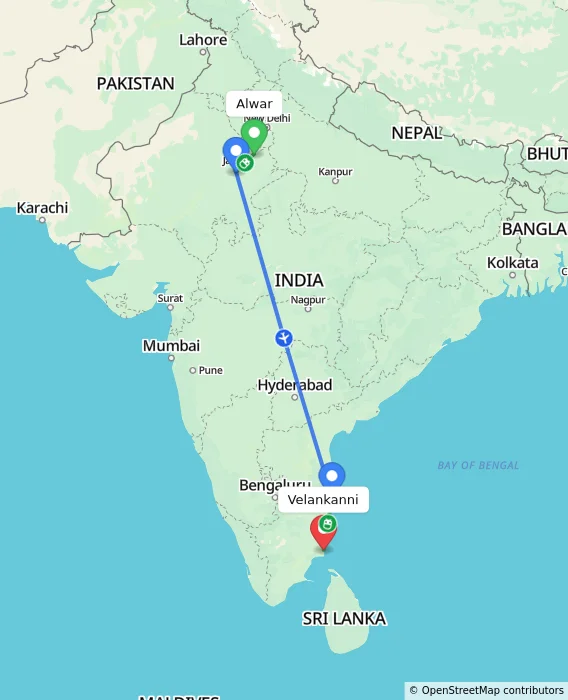 Route map showing distance and travel time from Alwar, India to Velankanni, India
