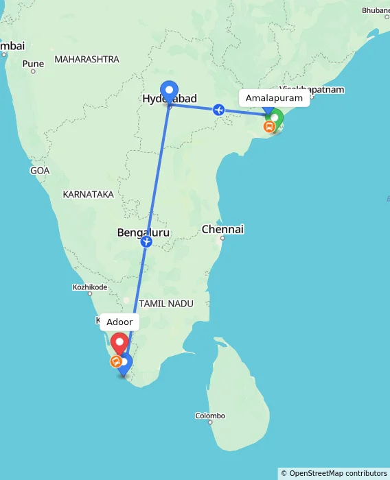 Route map showing distance and travel time from Amalapuram, India to Adoor, India