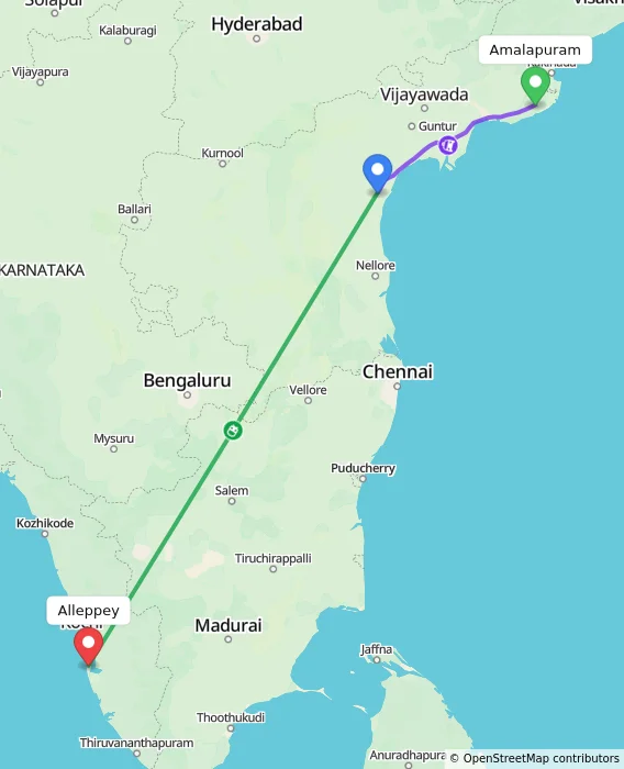 Route map showing distance and travel time from Amalapuram, India to Alappuzha, India