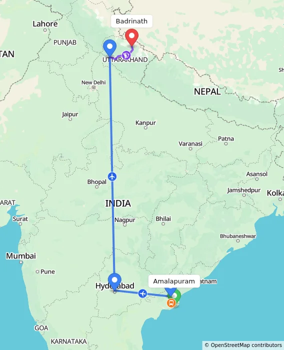 Route map showing distance and travel time from Amalapuram, India to Badrinath, India
