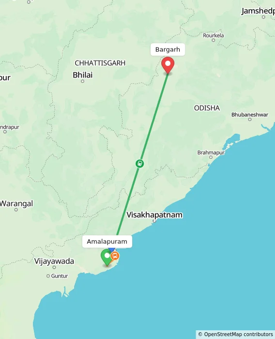 Route map showing distance and travel time from Amalapuram, India to Bargarh, India