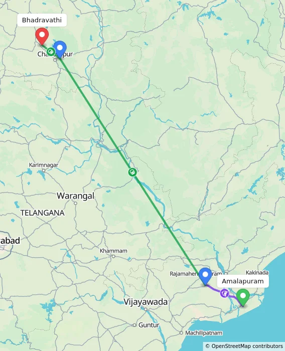 Route map showing distance and travel time from Amalapuram, India to Bhadravathi, India