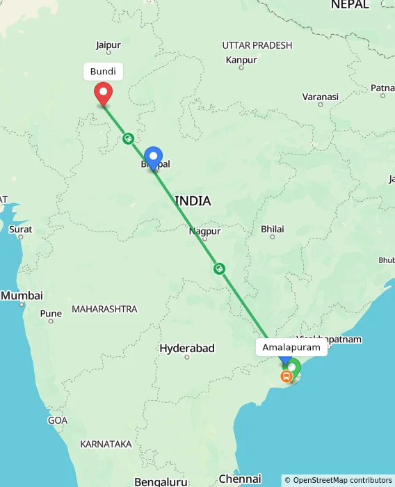 Route map showing distance and travel time from Amalapuram, India to Bundi, India