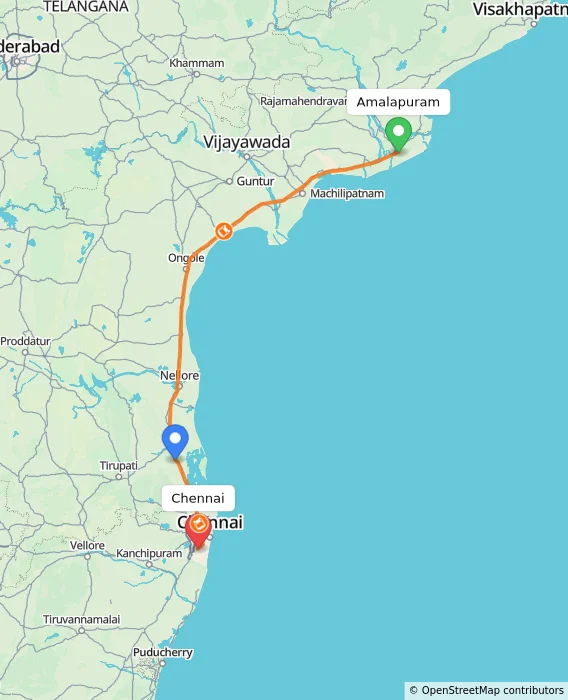 Route map showing distance and travel time from Amalapuram, India to Chennai, India