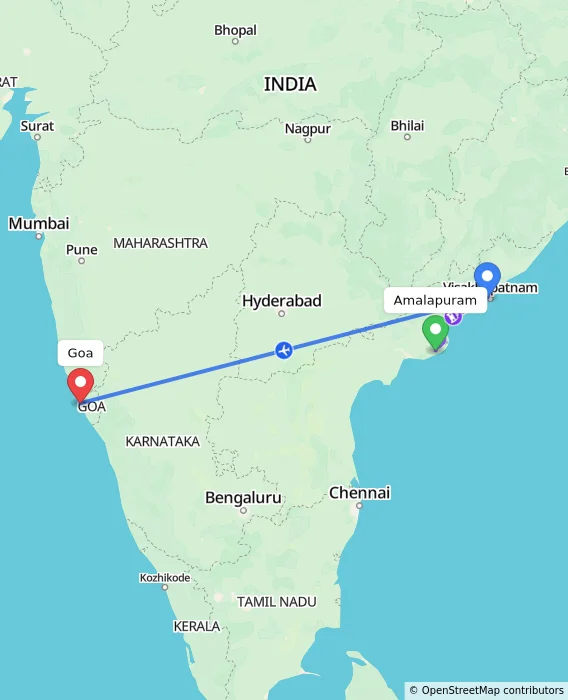 Route map showing distance and travel time from Amalapuram, India to Goa, India