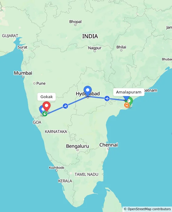 Route map showing distance and travel time from Amalapuram, India to Gokak, India