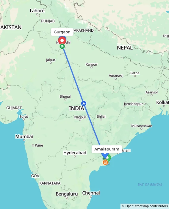 Route map showing distance and travel time from Amalapuram, India to Gurgaon, India