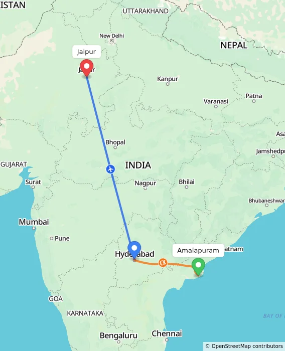 Route map showing distance and travel time from Amalapuram, India to Jaipur, India