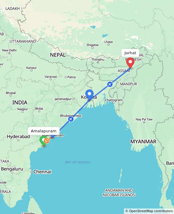 Route map showing distance and travel time from Amalapuram, India to Jorhat, India