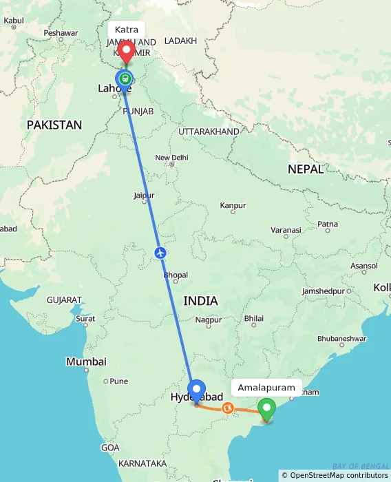 Route map showing distance and travel time from Amalapuram, India to Katra, India