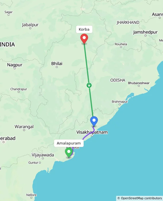 Route map showing distance and travel time from Amalapuram, India to Korba, India