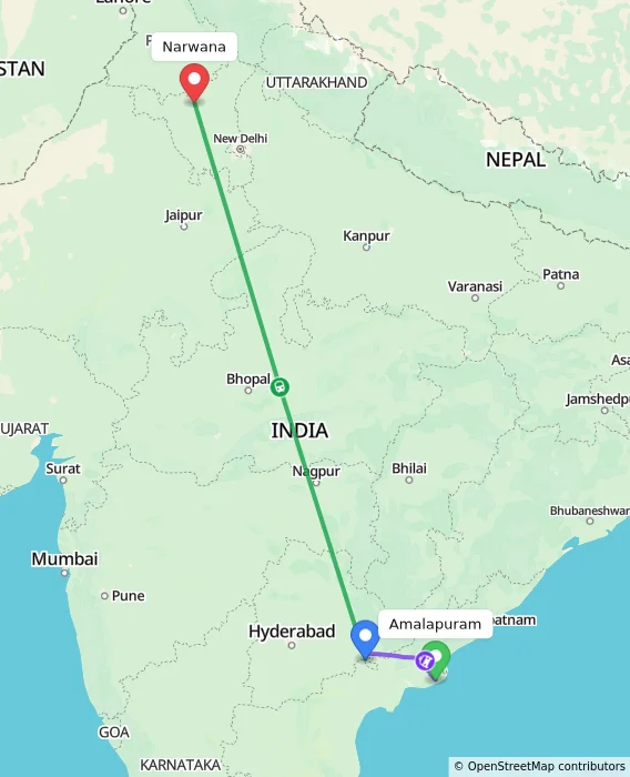Route map showing distance and travel time from Amalapuram, India to Narwana, India