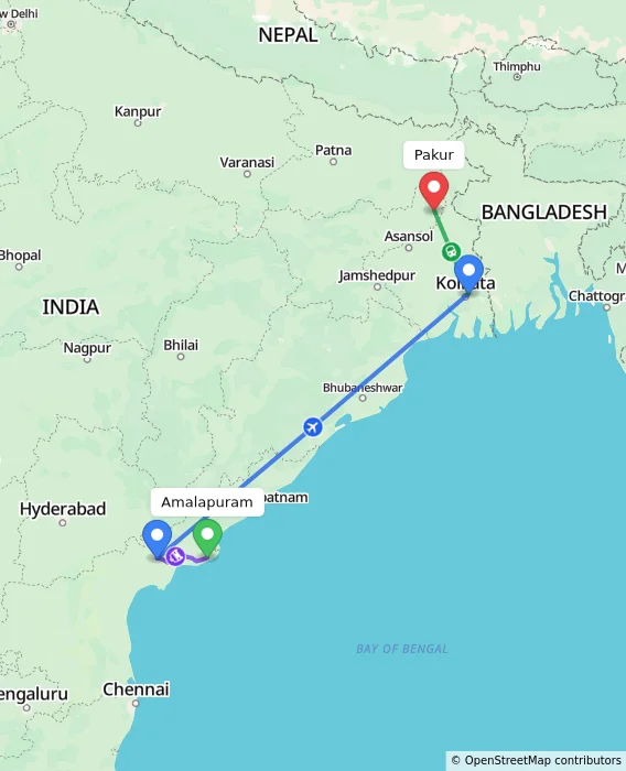 Route map showing distance and travel time from Amalapuram, India to Pakur, India