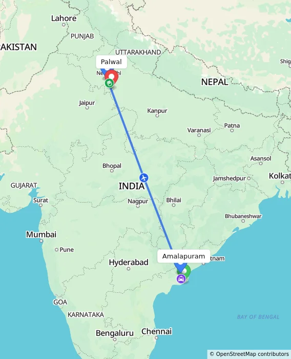 Route map showing distance and travel time from Amalapuram, India to Palwal, India