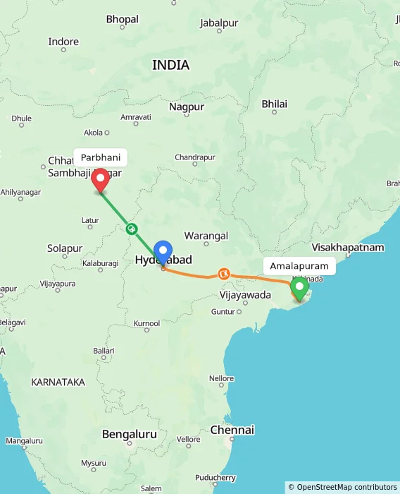 Route map showing distance and travel time from Amalapuram, India to Parbhani, India