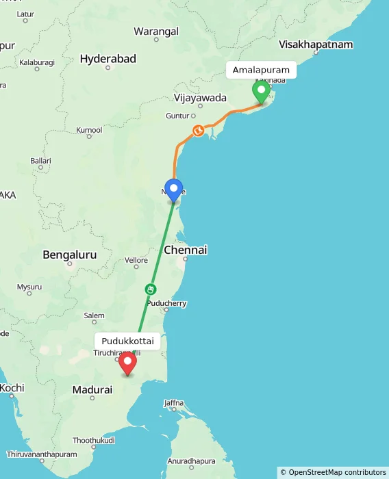 Route map showing distance and travel time from Amalapuram, India to Pudukkottai, India