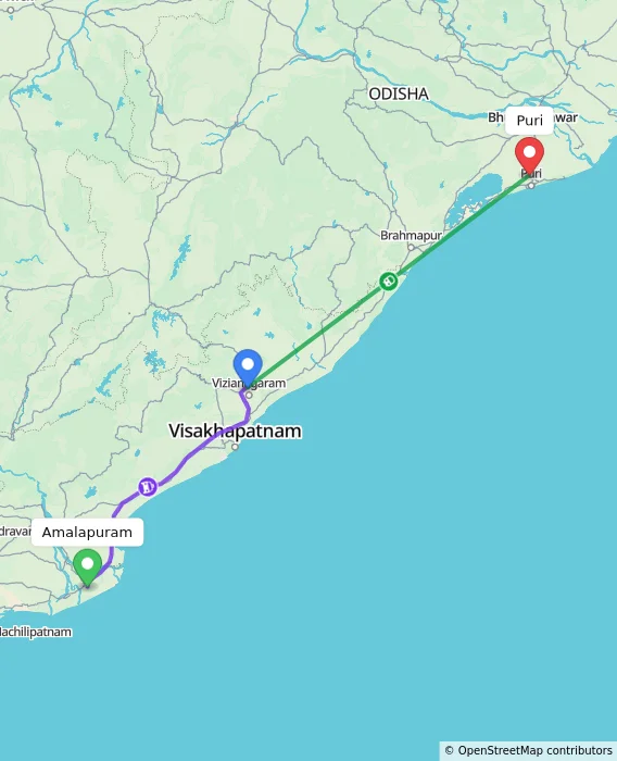 Route map showing distance and travel time from Amalapuram, India to Puri, India