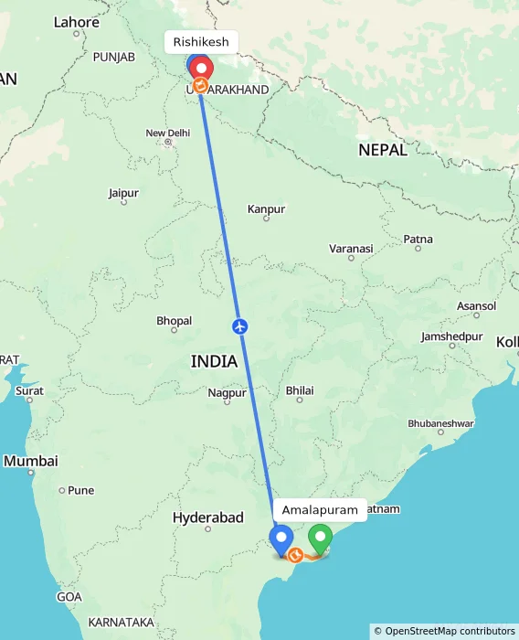 Route map showing distance and travel time from Amalapuram, India to Rishikesh, India