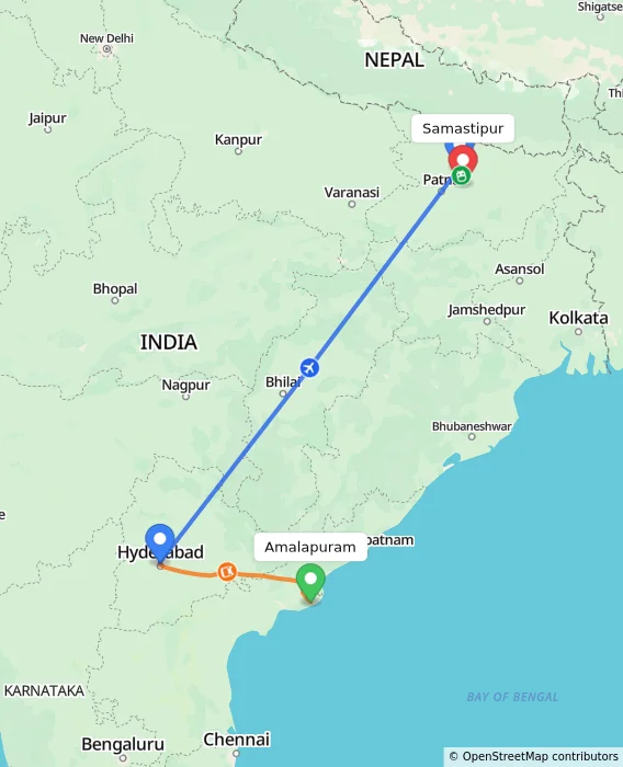 Route map showing distance and travel time from Amalapuram, India to Samastipur, India