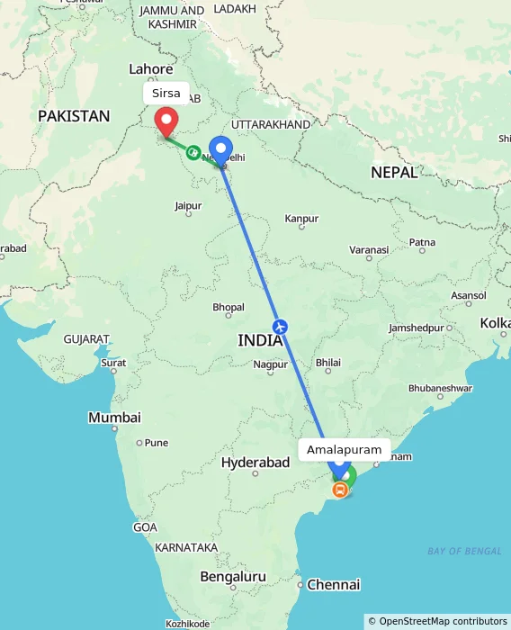 Route map showing distance and travel time from Amalapuram, India to Sirsa, India