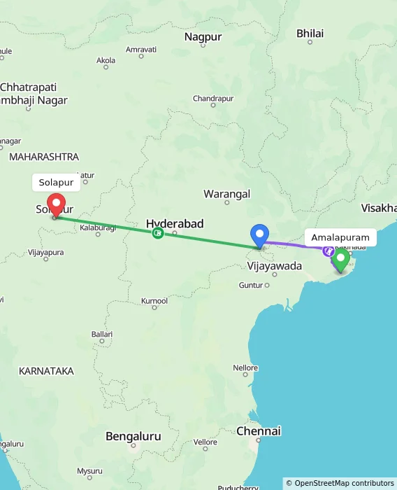 Route map showing distance and travel time from Amalapuram, India to Solapur, India