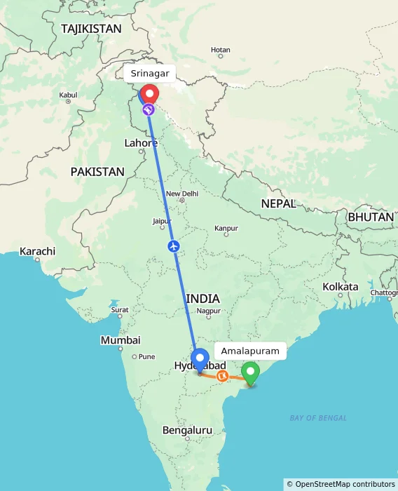 Route map showing distance and travel time from Amalapuram, India to Srinagar, India