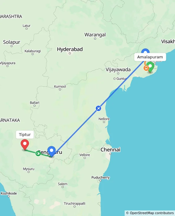 Route map showing distance and travel time from Amalapuram, India to Tiptur, India
