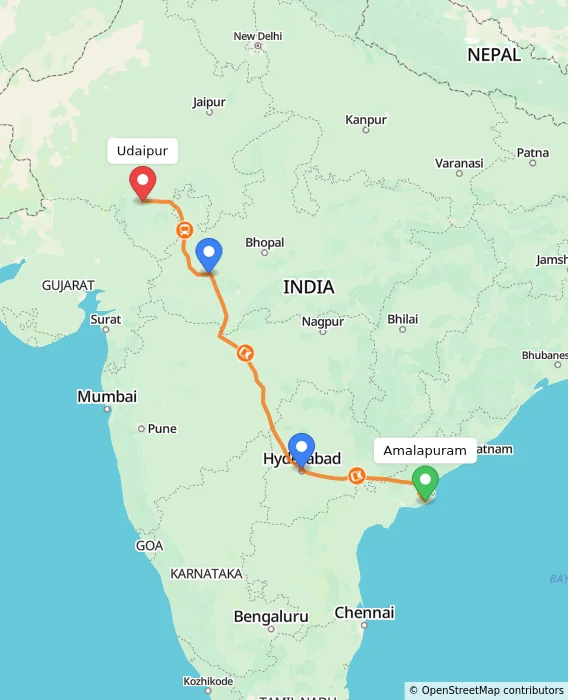 Route map showing distance and travel time from Amalapuram, India to Udaipur, India