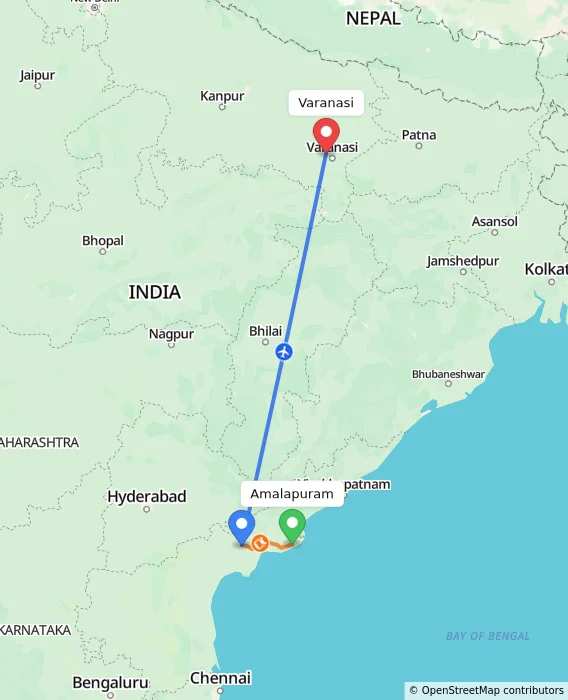 Route map showing distance and travel time from Amalapuram, India to Varanasi, India
