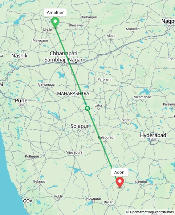 Route map showing distance and travel time from Amalner, India to Adoni, India
