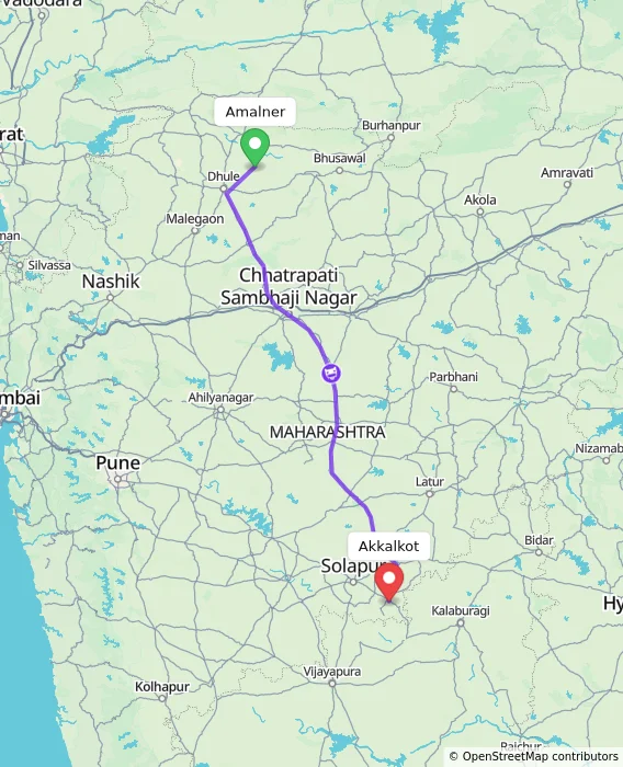 Route map showing distance and travel time from Amalner, India to Akkalkot, India