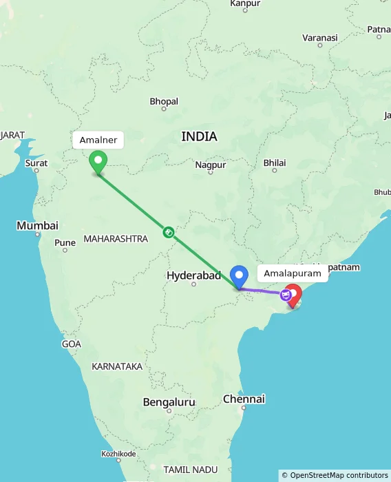 Route map showing distance and travel time from Amalner, India to Amalapuram, India
