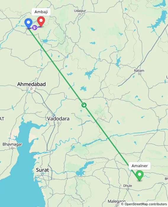 Route map showing distance and travel time from Amalner, India to Ambaji, India