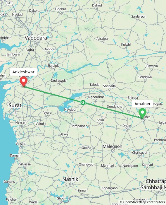 Route map showing distance and travel time from Amalner, India to Ankleshwar, India