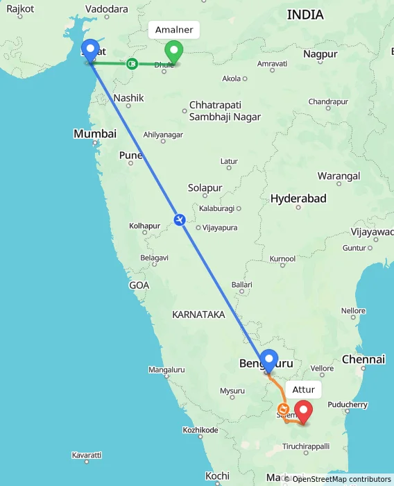 Route map showing distance and travel time from Amalner, India to Attur, India