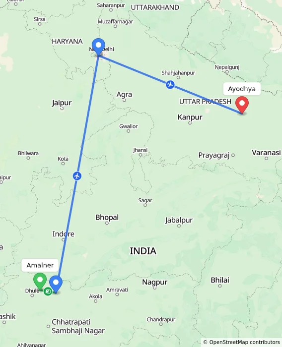 Route map showing distance and travel time from Amalner, India to Ayodhya, India