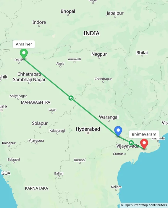 Route map showing distance and travel time from Amalner, India to Bhimavaram, India