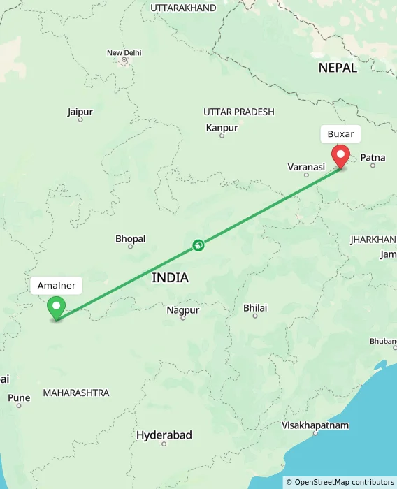 Route map showing distance and travel time from Amalner, India to Buxar, India