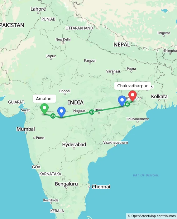 Route map showing distance and travel time from Amalner, India to Chakradharpur, India