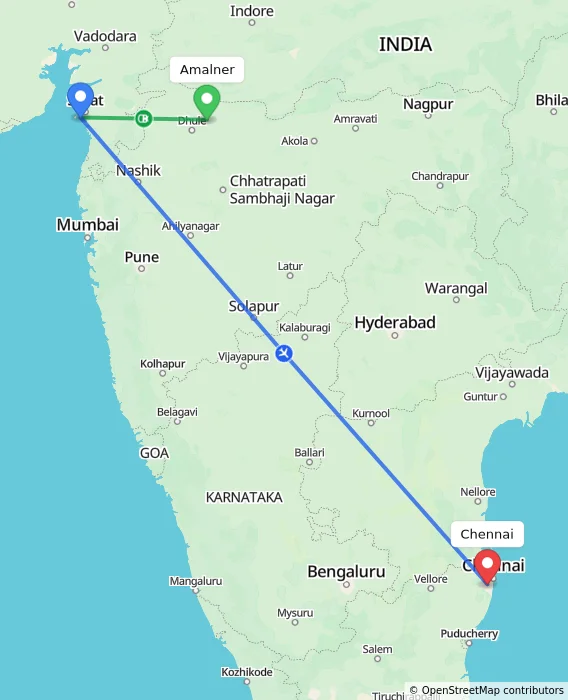 Route map showing distance and travel time from Amalner, India to Chennai, India