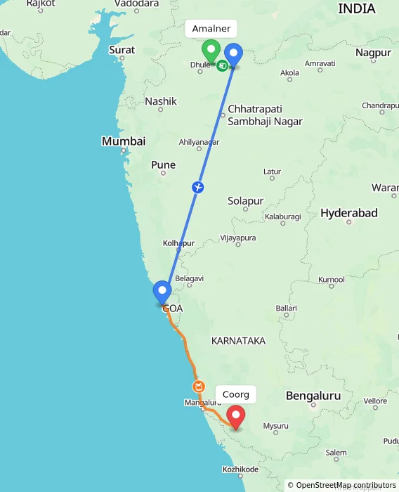 Route map showing distance and travel time from Amalner, India to Coorg, India