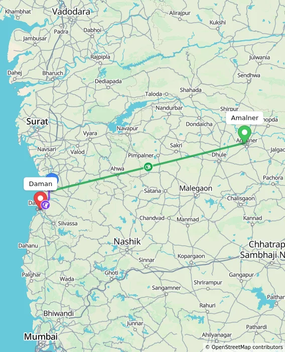 Route map showing distance and travel time from Amalner, India to Daman, India