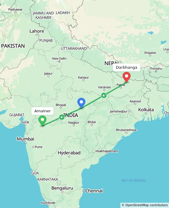 Route map showing distance and travel time from Amalner, India to Darbhanga, India