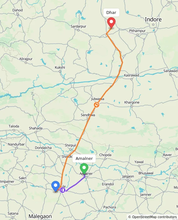 Route map showing distance and travel time from Amalner, India to Dhar, India