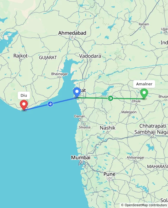 Route map showing distance and travel time from Amalner, India to Diu, India