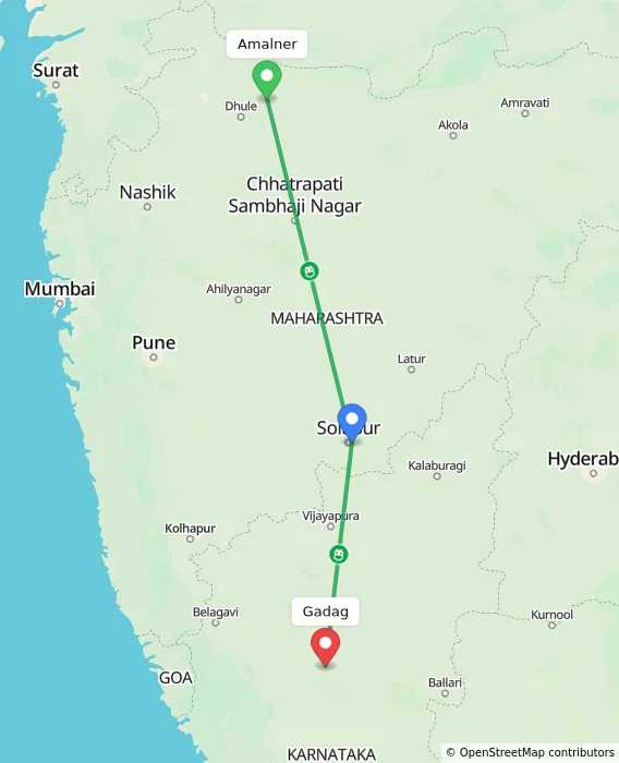 Route map showing distance and travel time from Amalner, India to Gadag, India