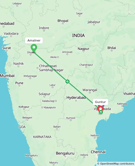 Route map showing distance and travel time from Amalner, India to Guntur, India