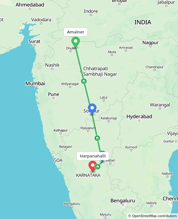 Route map showing distance and travel time from Amalner, India to Harpanahalli, India