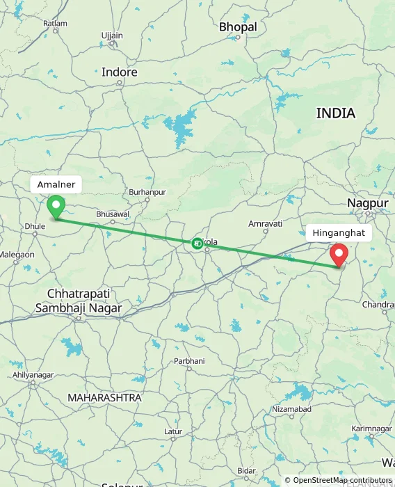 Route map showing distance and travel time from Amalner, India to Hinganghat, India